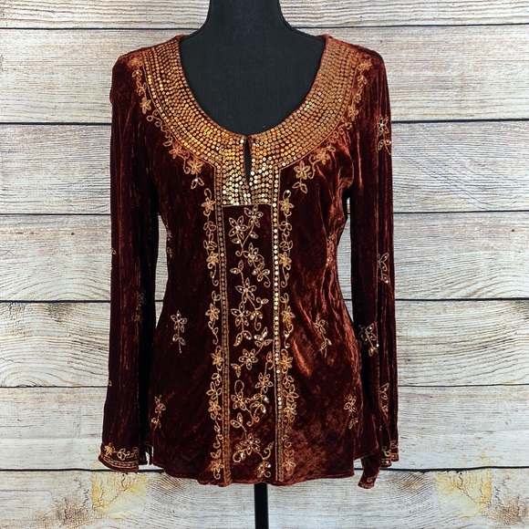 ECI Tops - Rust Red Sequin Velvet Keyhole Blouse